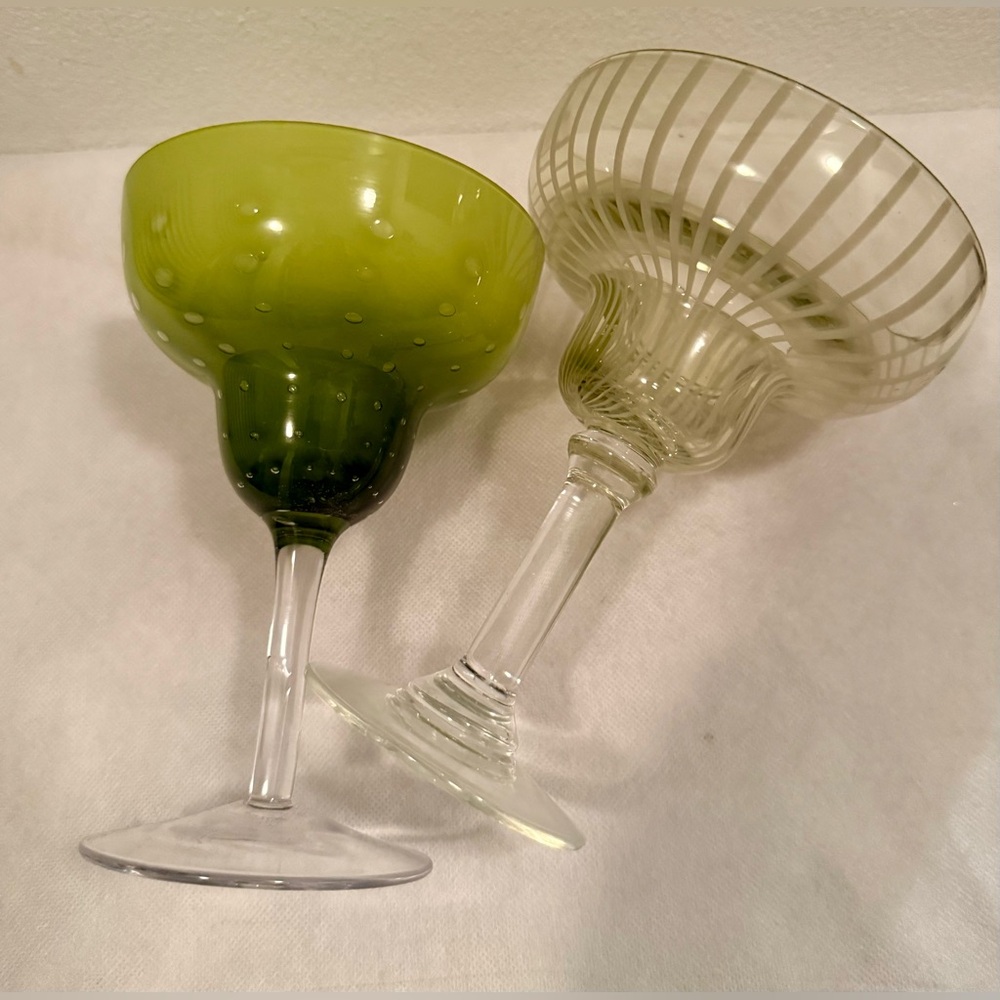 2 unique margarita glasses.  12oz Yellow / green swirl and polka dots. .